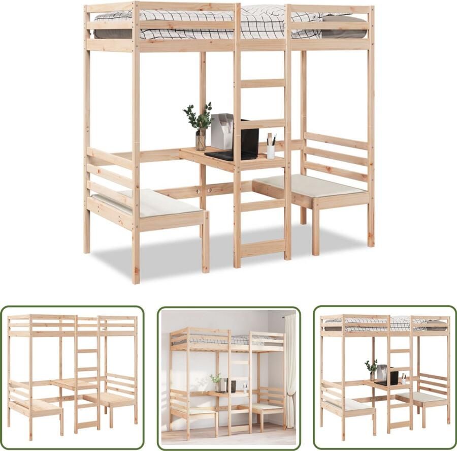 VidaXL Kinderkamer Hoogslaper met bureau en stoelen massief grenenhout 75x190 cm Tweepersoonsbed Bureausteen Houten Bed