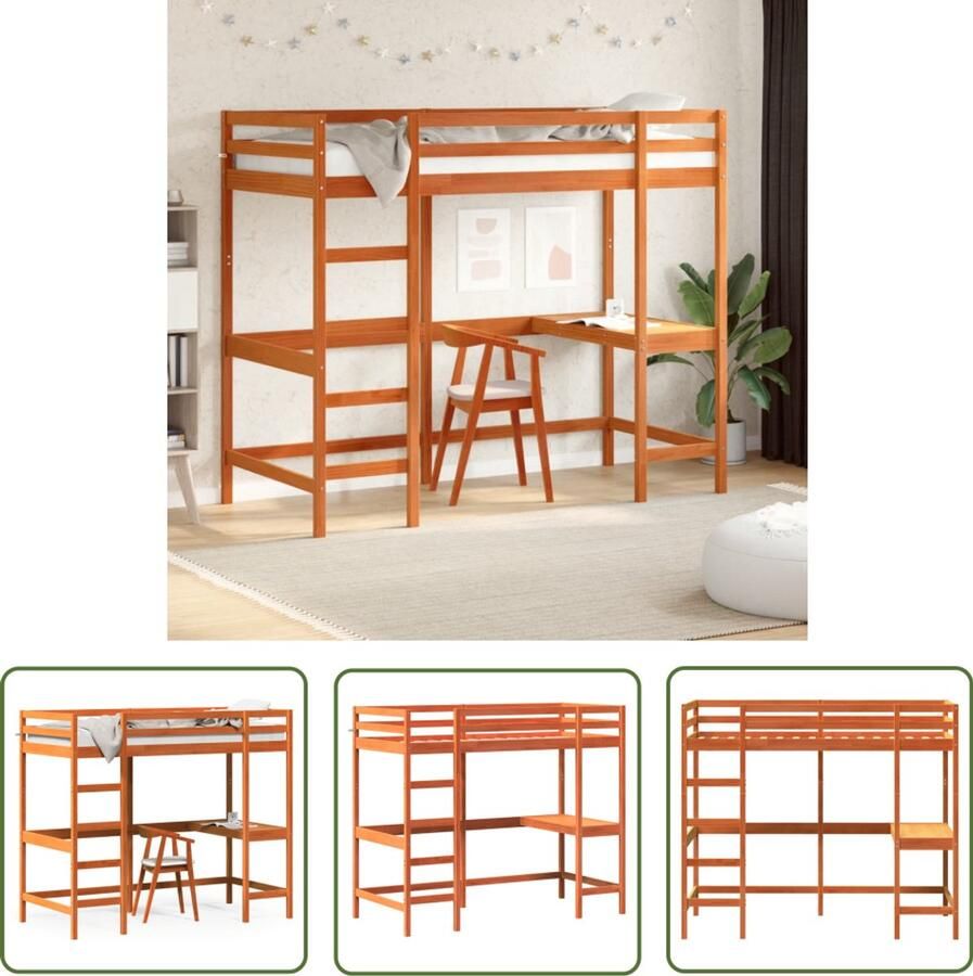 VidaXL Kinderkamer Hoogslaper met bureau massief grenenhout wasbruin 100x200 cm Bureau Grenenhout Bruine Kleur