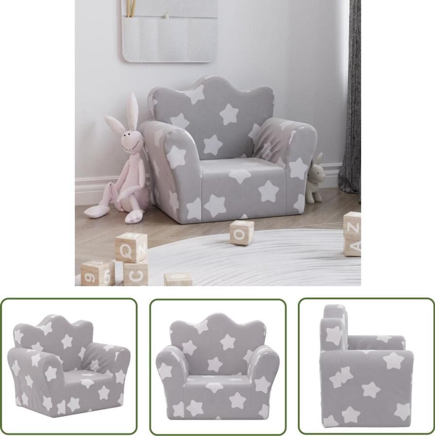 VidaXL Kinderbank met sterren zacht pluche lichtgrijs Kinderbank Kindermeubilair Kidsstoel Speelgoedbank Pluchbank