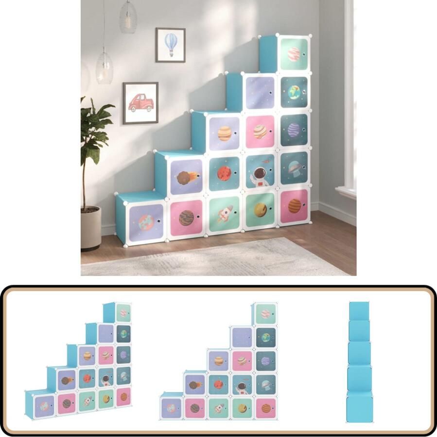 VidaXL Kinderopbergmeubel 15 vakken Blauw PP Staal Kinderopbergkast Opbergkast Kids Storage Spelletjeskast Speelgoedopslag Organisatie Kamerschoonmaak Kinderkamerinrichting