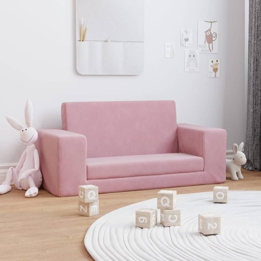 VidaXL Kinderslaapbank 2-zits Zacht Pluche Roze Kindermeubel Slaapbank Voor Kinderen Kids Sofa Bed Pluche Meubilair Speelkamer