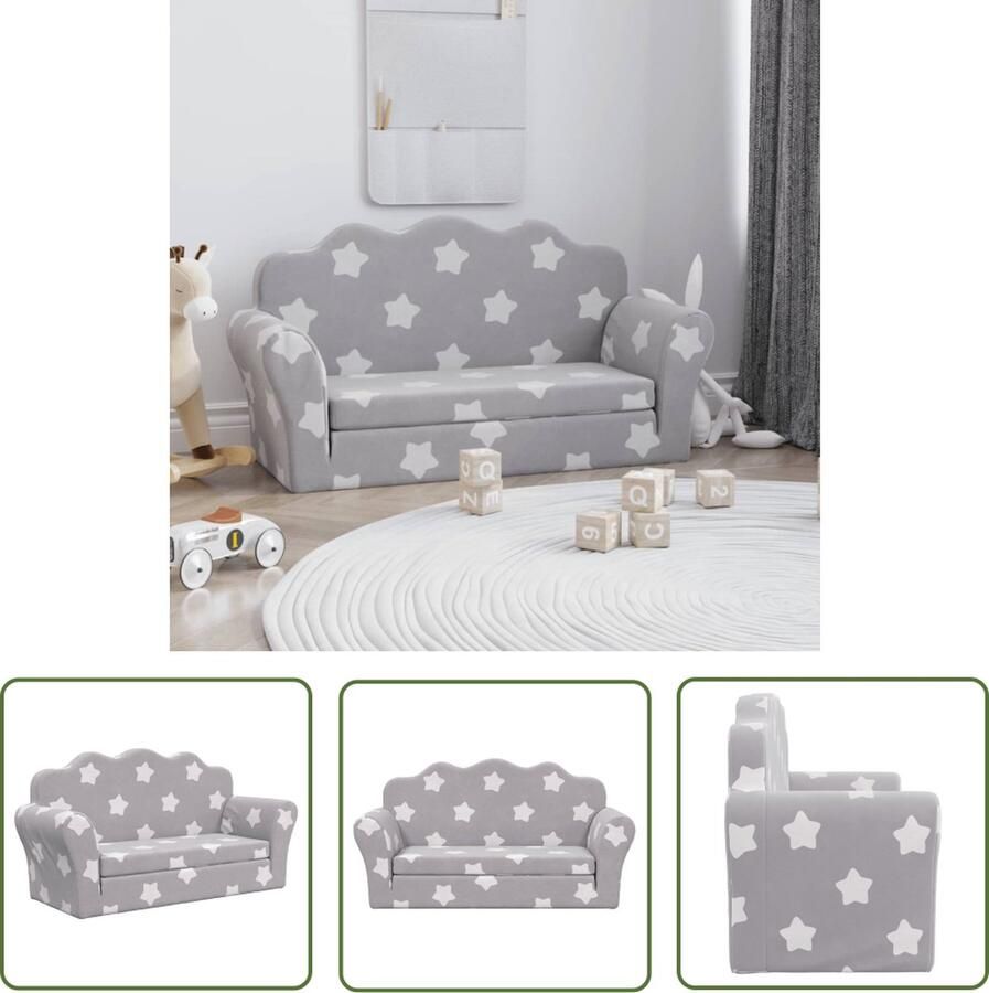 The Living Store Kinderslaapbank 2-zits met sterren zacht pluche lichtgrijs Kindermeubel Kinderslaapbank Tweezitter Leeshoek Speelplek