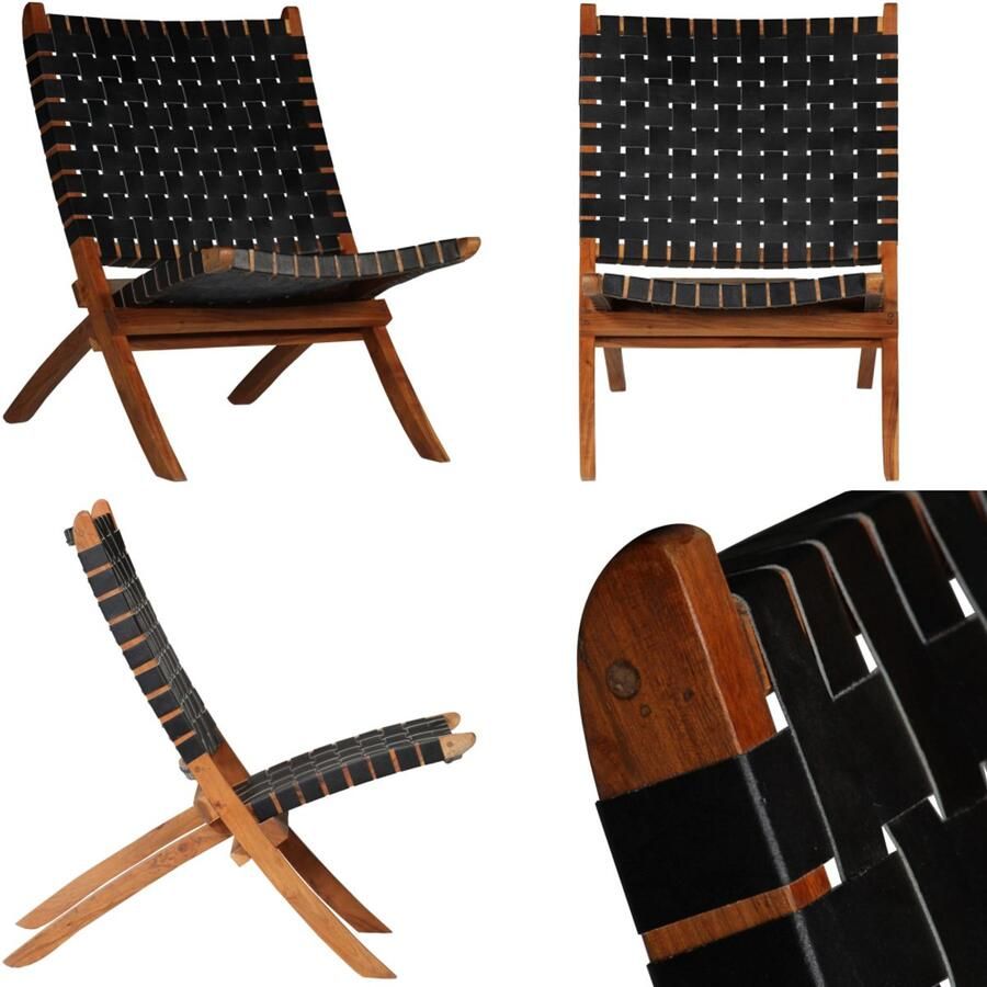 VidaXL Klapstoel gekruiste strepen echt leer zwart Stoel Stoelen Zitmeubel Zitmeubels