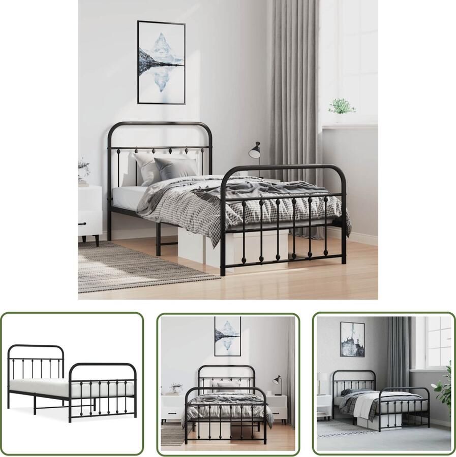 The Living Store Bedframe met hoofd- en voeteneinde metaal zwart 100x190 cm Metalen Bed Frame Klassiek Bed Zwart Bed Staal Bedframe Boxspring Bed