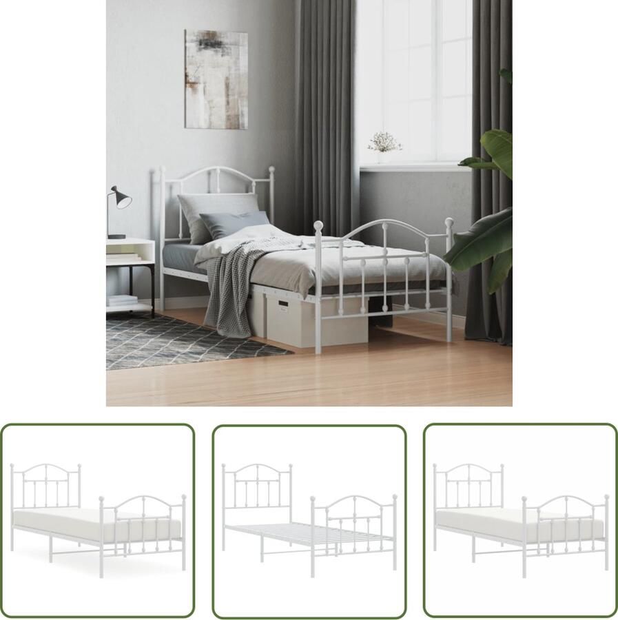 The Living Store Bedframe met hoofd- en voeteneinde metaal wit 90x200 cm Metalen Bedframe Klassiek Bed Enkelpersoonsbed Witte Bed Met Opbergruimte