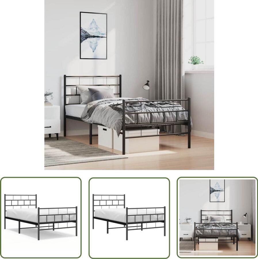 The Living Store Bedframe met hoofd- en voeteneinde metaal zwart 100x190 cm Metalen Bedframe Klassiek Bed Zwarte Bedpost Enkelpersoonsbed Staal Bed