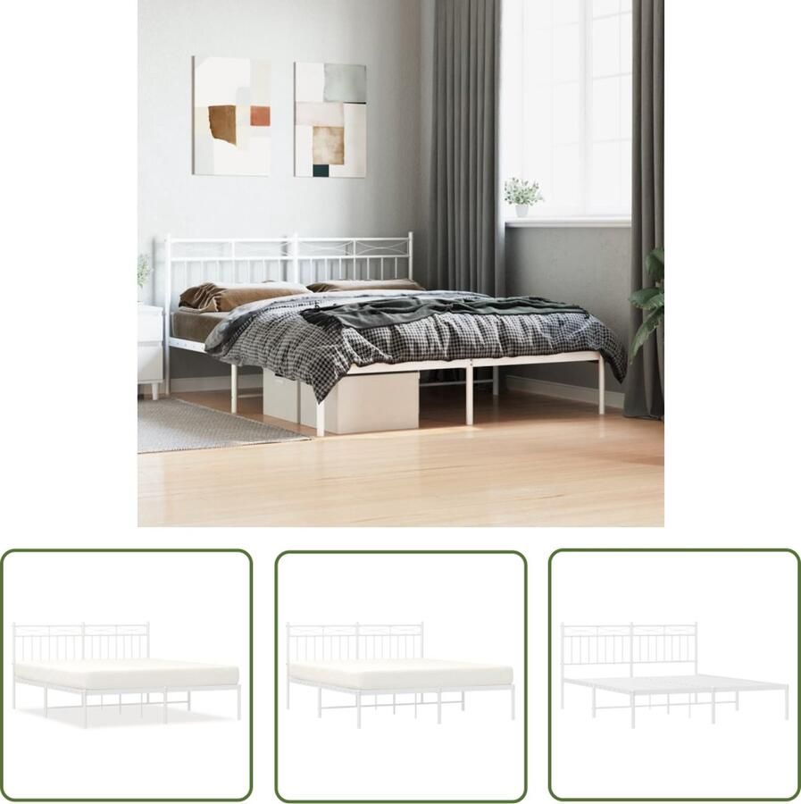 The Living Store Bedframe met hoofdbord metaal wit 160x200 cm Staal Bed Frame Klassiek Bed Wit Bed Tweepersoons Bed Boxspring Bed
