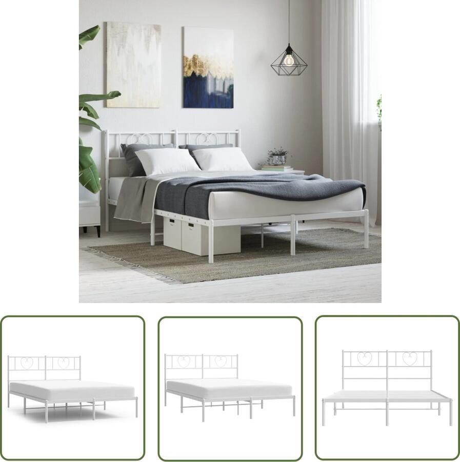 The Living Store Bedframe met hoofdbord metaal wit 140x190 cm Robuust Bed Frame Klassiek Bedframe Staal Bedframe Wit Bedframe Eenpersoons Bed