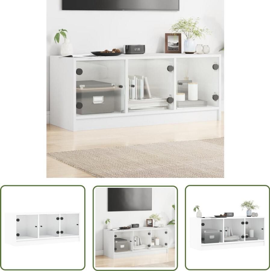 The Living Store Tv-meubel met glazen deuren 102x37x42 cm wit Tv-meubel Klassieke Tv-standaard Houten Tv-tafel Witte Tv-bank Opberg Kast - Foto 2