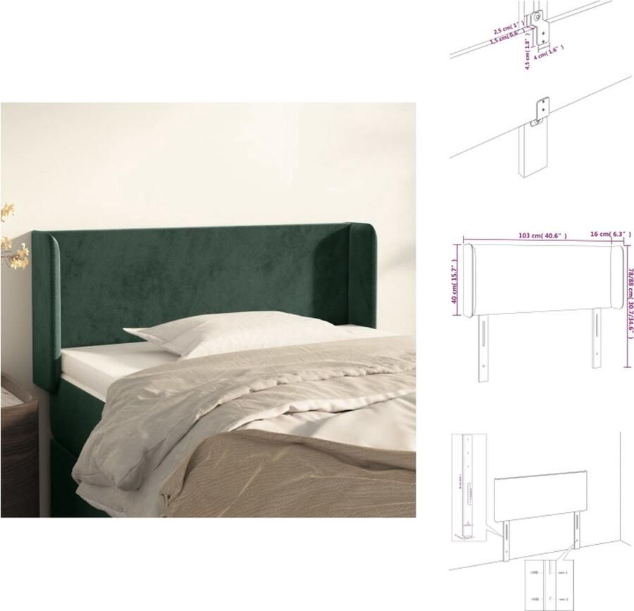 VidaXL Klassieke Hoofdbord Fluweel Stevige Poten Verstelbare Hoogte Comfortabele Ondersteuning Donkergroen 103 x 16 x 78 88 cm Bedonderdeel - Foto 3