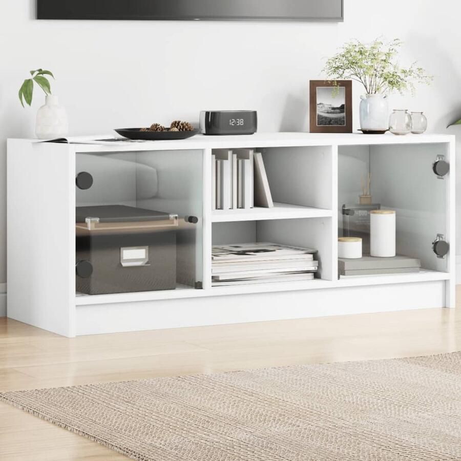 The Living Store Tv-meubel met glazen deuren 102x37x42 cm wit Tv-meubel Klassieke Tv-standaard Houten Tv-tafel Witte Tv-bank Opberg Kast