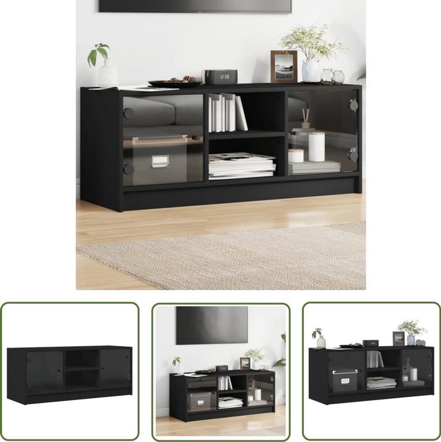 The Living Store Tv-meubel met glazen deuren 102x37x42 cm zwart Tv-meubel Klassieke Tv-standaard Houten Tv-meubel Tv Kast Mediabox