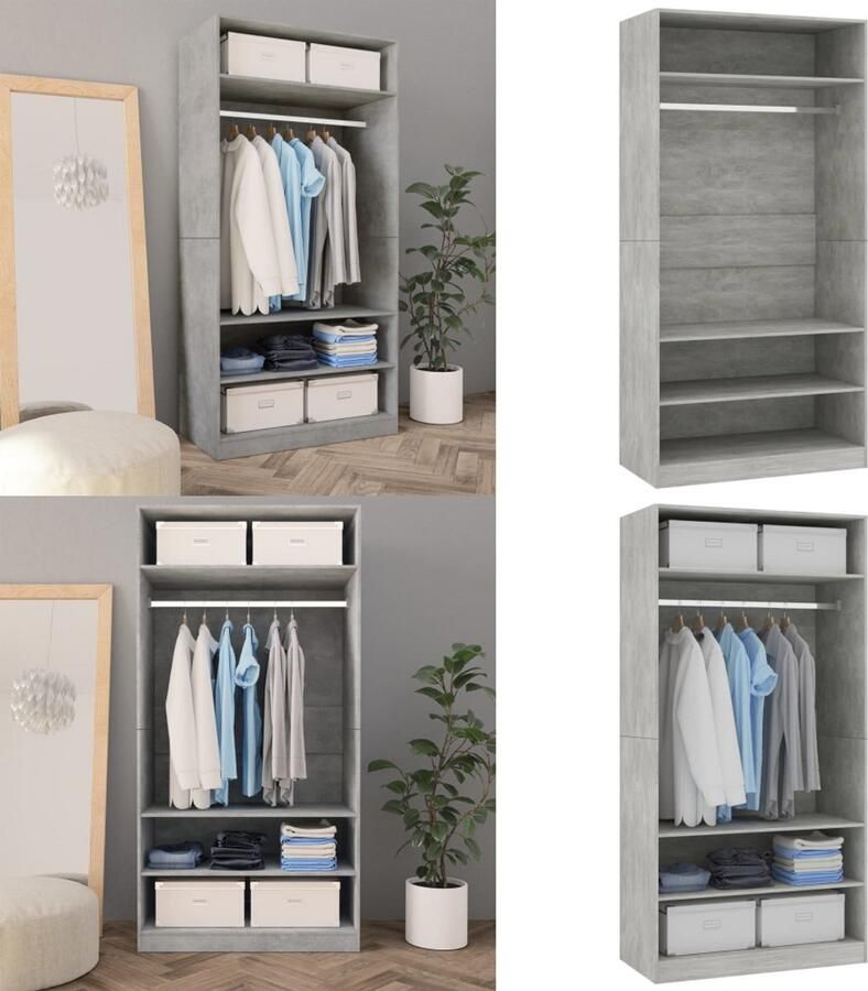 VidaXL Kledingkast 100x50x200 cm bewerkt hout betongrijs Kledingkast Kledingkasten Klerenkast Klerenkasten