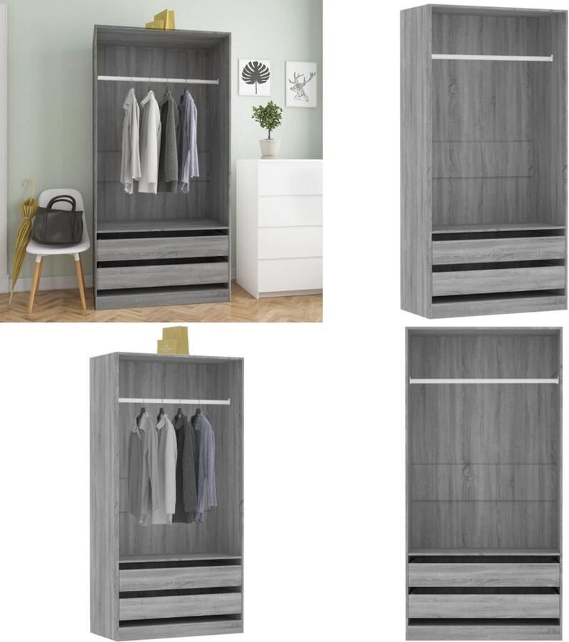 VidaXL Kledingkast 100x50x200 cm bewerkt hout grijs sonoma eikenkleur Kledingkast Kledingkasten Garderobekast Slaapkamerkast - Foto 2