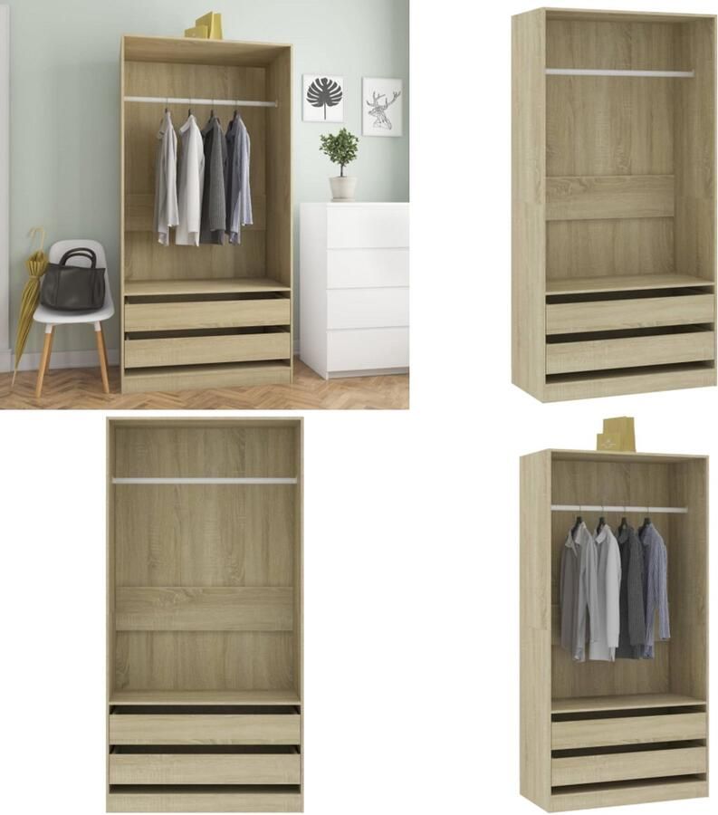 The Living Store Kledingkast Sonoma Eiken 100 x 50 x 200 cm Met 2 lades en ophangstang Garderobe Kasten Houten Kast Kledingkast Sonoma Eiken - Foto 2