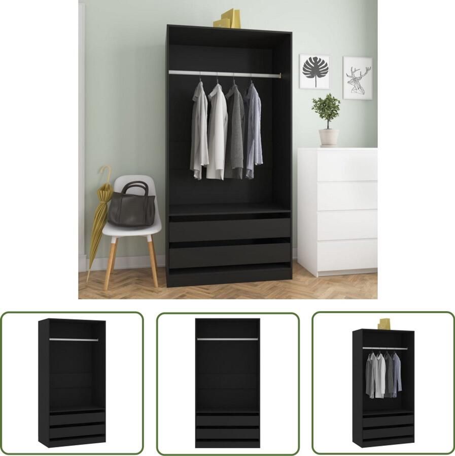 VidaXL Kledingkast 100x50x200 cm Bewerkt hout Zwart Kledingkast Zwarte Kledingkast Houten Kledingkast Garderobe Kasten Meubilair Slaapkamermeubelen Bergruimte
