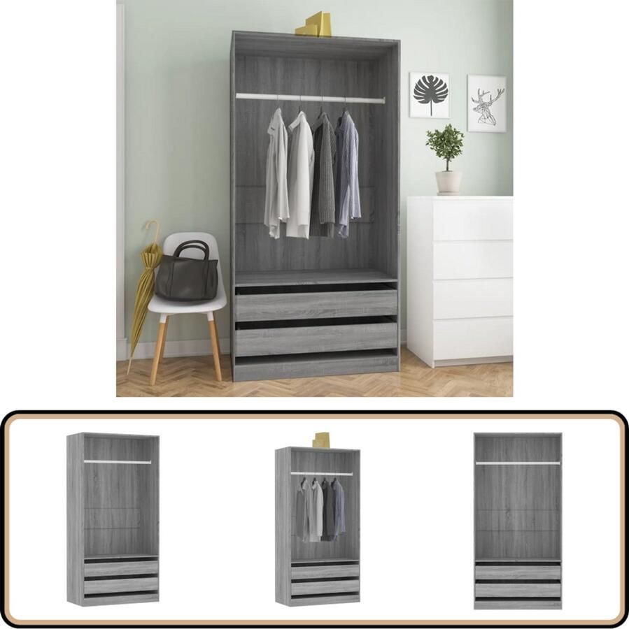 VidaXL Kledingkast 100x50x200 cm Grijs Sonoma Eiken Kledingkast Compact Kast Opbergkast Slaapkamer Meubilair Garderobe Houten Kast Grijze Kast Bewerkthout Sonoma Eiken