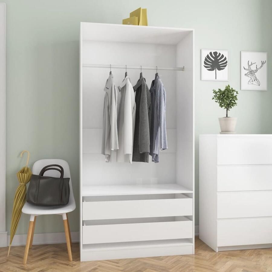 VidaXL Kledingkast 100x50x200 cm Hoogglans wit Kledingkast Kasten Garderobe Bergruimte Witte Meubelen Houten Meubelen Slaapkamermeubilair Modern Design Compact
