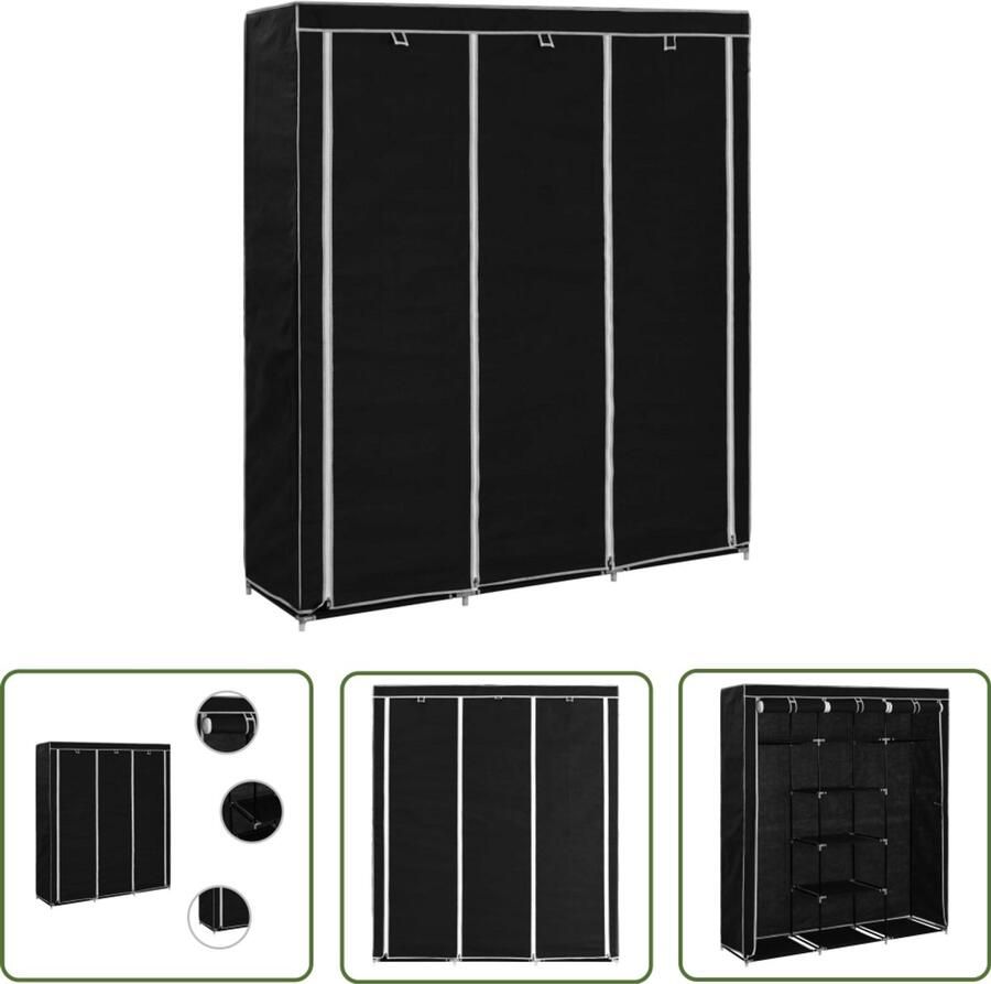 VidaXL Kledingkast 150x45x175 cm Zwart Stof Opslagruimte Kledingkast Zwarte Kast Vouwkast Opbergbox Garderobe Non Woven