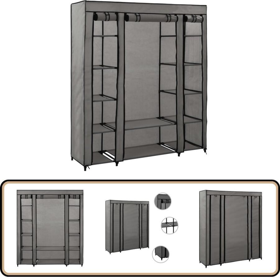 VidaXL Kledingkast 150x45x176 cm Grijs Stoffen Draagbare Kast Kledingkast Opslagruimte Grijze Kast Kofferbak Organizer Kamermeubilair Stoffen Kast