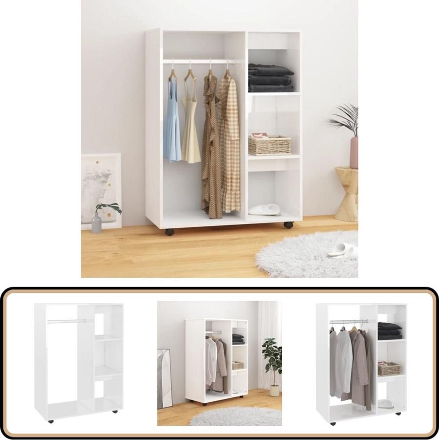 The Living Store Kledingkast 80x40x110 cm bewerkt hout hoogglans wit Opslagkast Kledingkast Kast Houten Kast Witte Kast - Foto 2