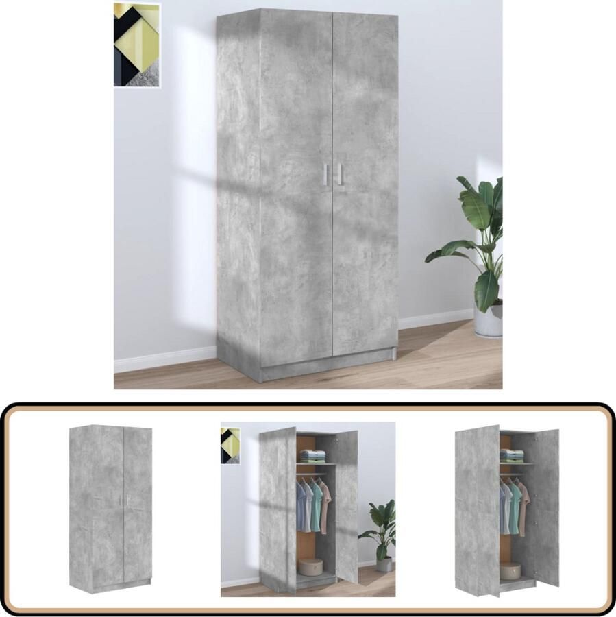 VidaXL Kledingkast 80x52x180 cm Betongrijs Kledingkast Compact Kast Betonnen Grijze Kast Houten Kast Garderobe Bergruimte Slaapkamer Meubilair Design Kast