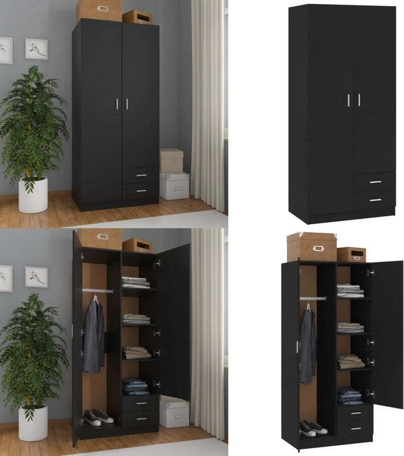 VidaXL Kledingkast 80x52x180 cm bewerkt hout zwart Kledingkast Kledingkasten Klerenkast Klerenkasten