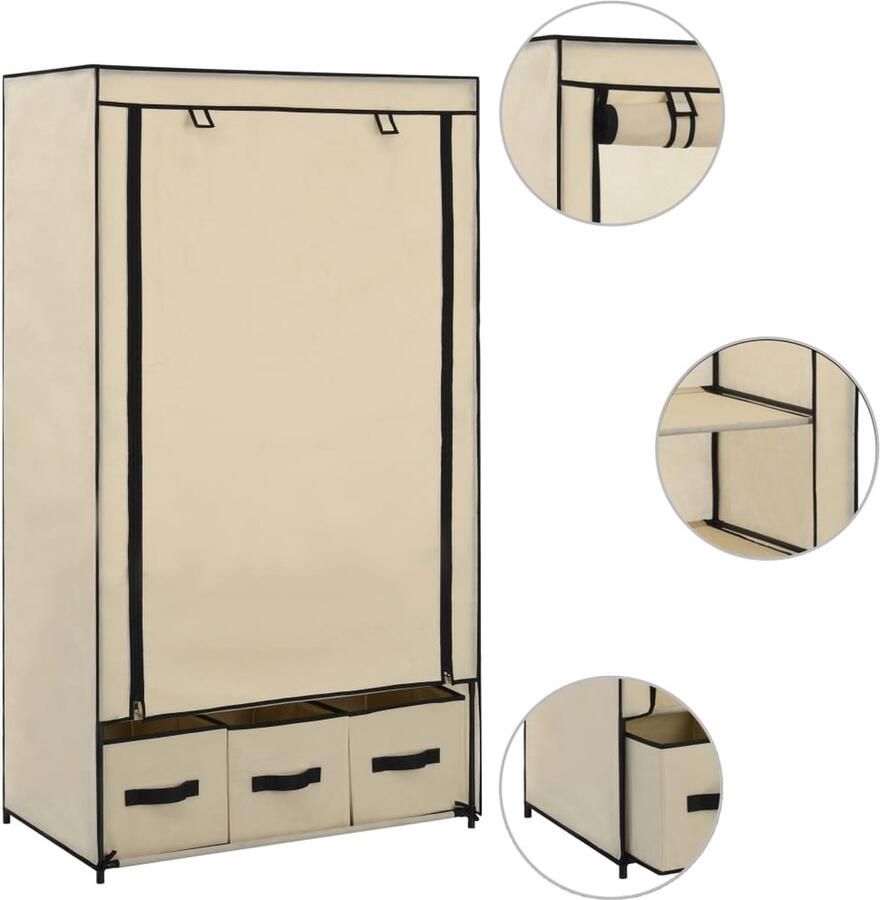 The Living Store Kledingkast 87x49x159 cm stof crème Opvouwbare Kast Kledingkast Opbergkast Nonwoven Kast Kruimelbestendige Kast - Foto 2