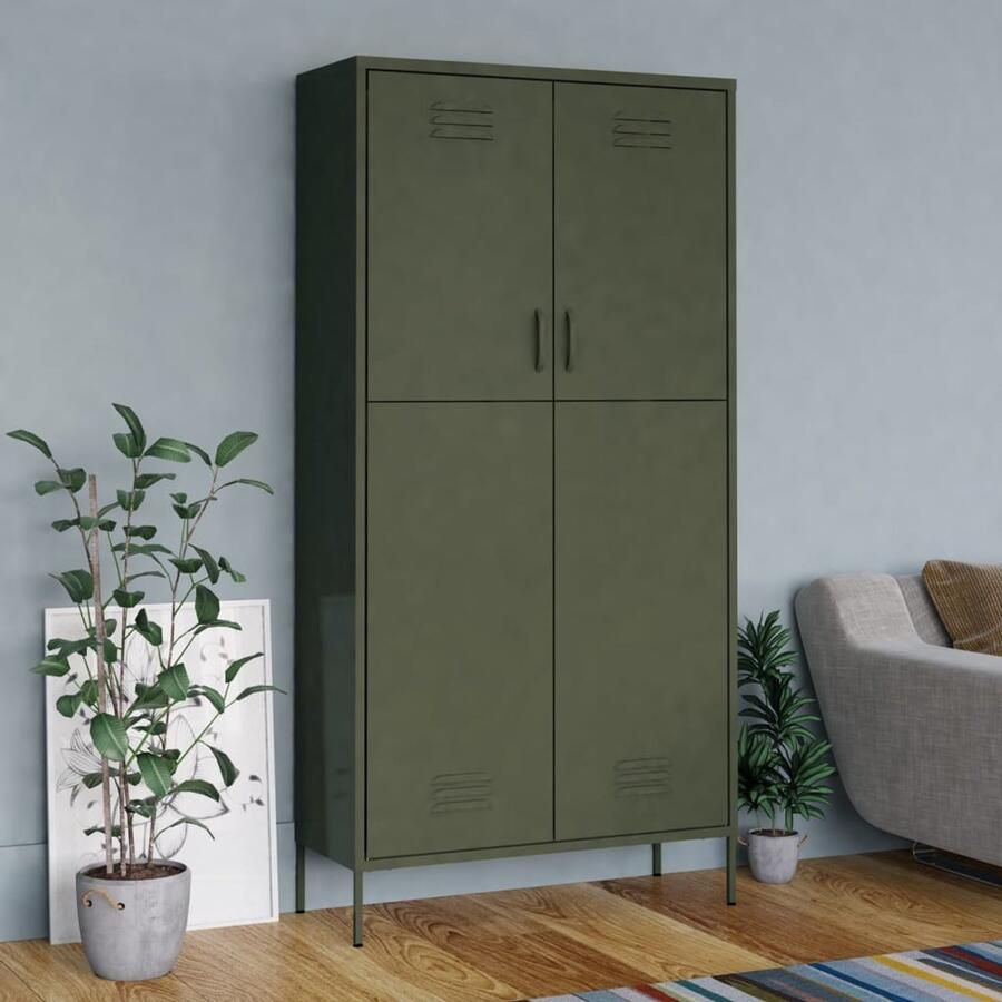 VidaXL Kledingkast 90x50x180 cm staal olijfgroen Kledingkast Kledingkasten Klerenkast Klerenkasten - Foto 2