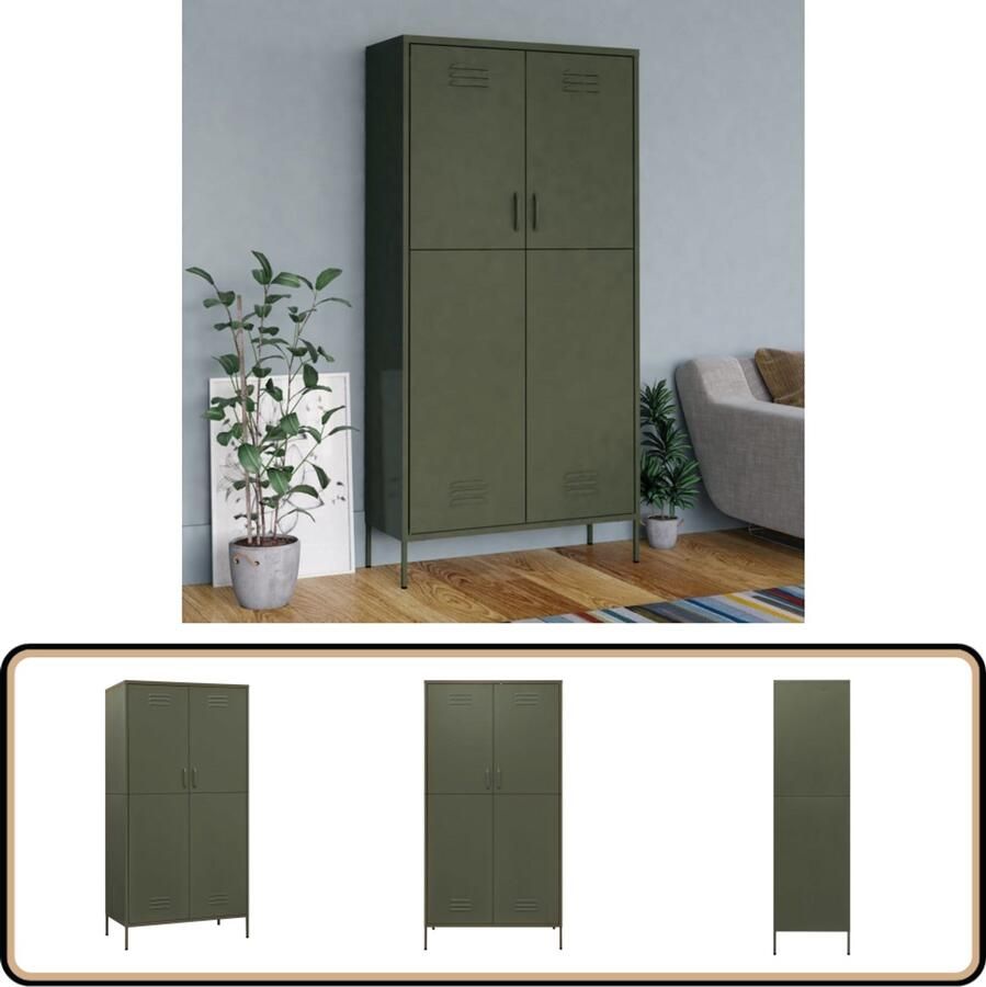 VidaXL Kledingkast 90x50x180 cm Staal Olijfgroen Kledingkast Olifanten Groen Metalen Kast Staalkast Bergruimte Opslagruimte Garderobe Dressoir