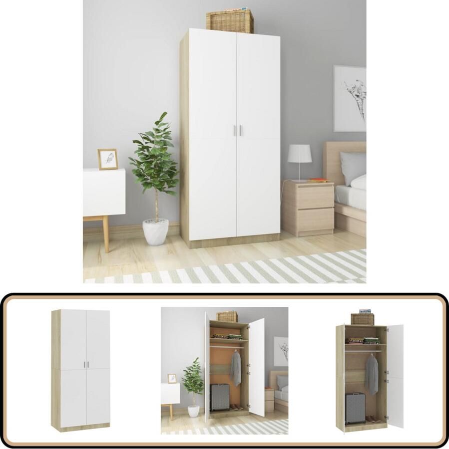 VidaXL Kledingkast 90x52x200 cm Wit Sonoma Eiken Kledingkast Compact Witte Kledingkast Houten Kledingkast Garderobe