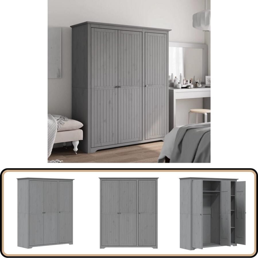 VidaXL Kledingkast BODO 3 Deuren Massief Grenen Grijs Kledingkast Houten Kast Garderobe Frans Design Vintage Kast Ruime Opbergruimte Greepdeurtje Grijze Kast