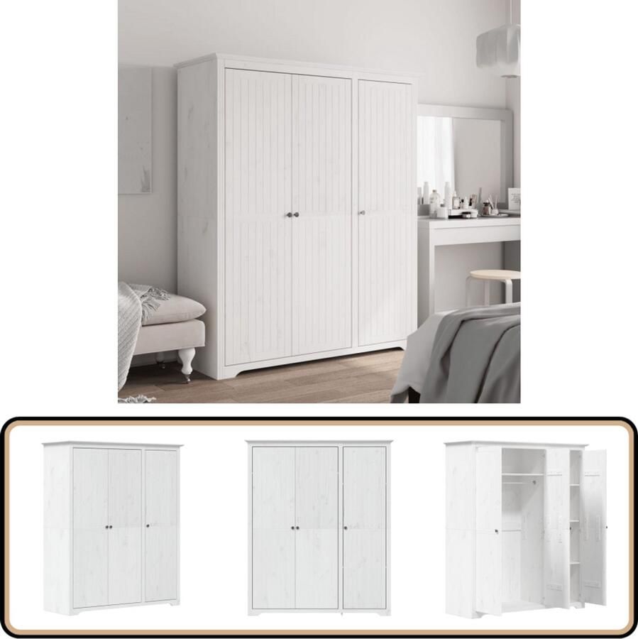 VidaXL Kledingkast BODO Wit 3 Deuren Grenenhout Kledingkast Houten Kledingkast Frans Design Garderobe Opbergruimte