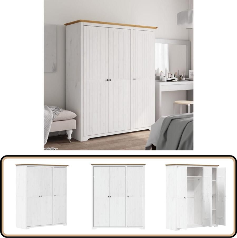 VidaXL Kledingkast BODO Wit & Bruin Grenenhout Klassieke Kledingkast Houten Kledingkast Vintage Kledingkast Garderobe Bergruimte Opslagoplossing Frans Design Bruine Kledingkast Witte Kledingkast
