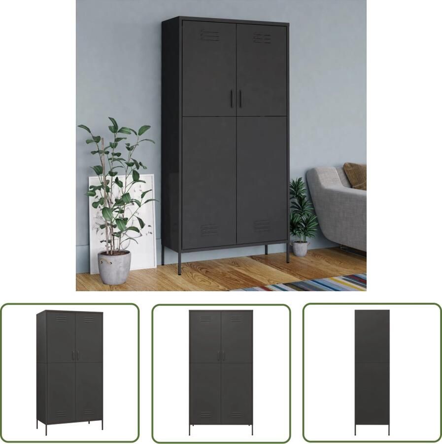 The Living Store Kledingkast 90x50x180 cm staal antracietkleurig Garderobe Kledingkast Staalkast Antraciet Kast Opbergkast - Foto 2
