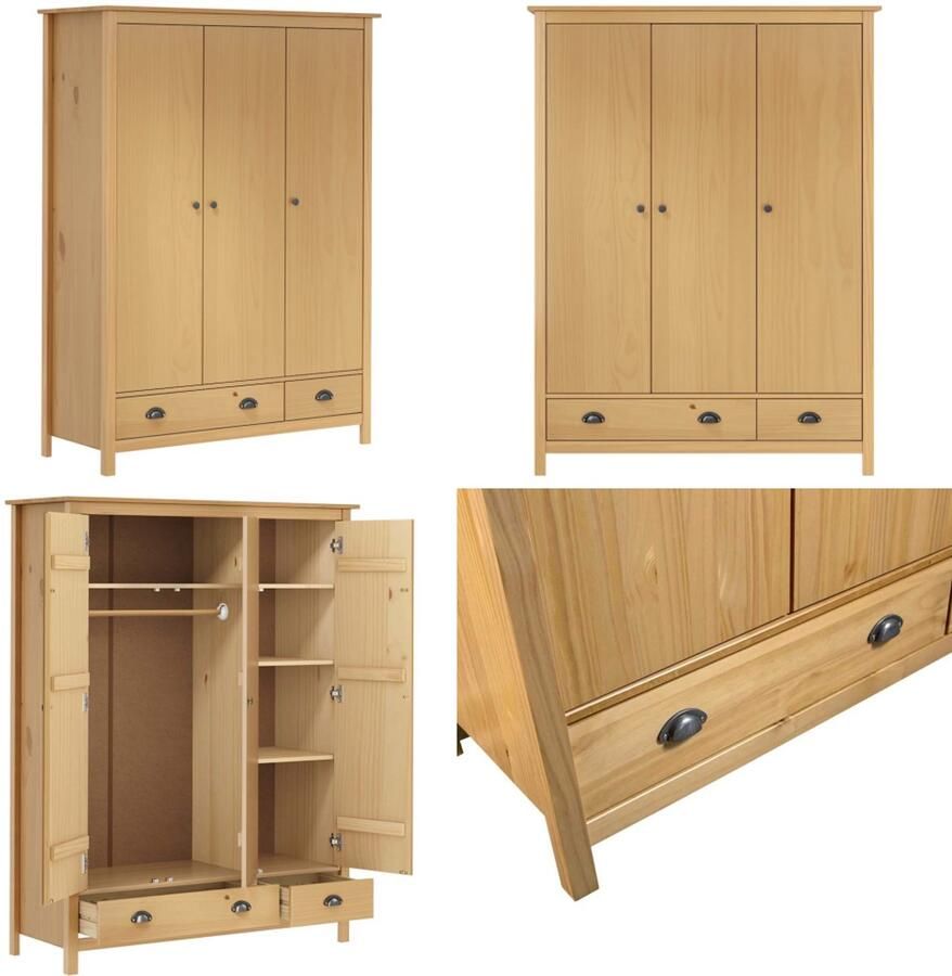 VidaXL Kledingkast Hill 3 deuren 127x50x170 cm massief grenenhout Kledingkast Kledingkasten Klerenkast Klerenkasten