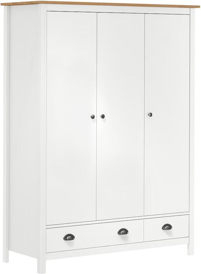 VidaXL Kledingkast Hill 3 Deuren Massief Grenenhout Kledingkast Garderobe Houten Kast Grenenhouten Kast Witte Kast