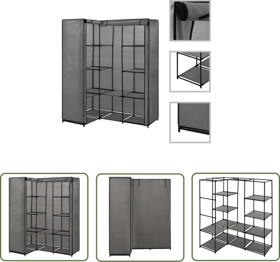 The Living Store Hoekrek Kledingkast 130 x 87 x 169 cm Grijs IJzeren frame Hoekkast Kledingkast Garderobe Opslagruimte Kledingopslag - Foto 2