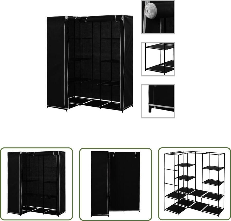 The Living Store Roestvrij ijzeren hoekrek 130 x 87 x 169 cm Zwart Hoekkast Kledingkast Opslagruimte Inbouw Roestvast Staal - Foto 2