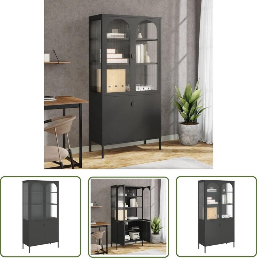 The Living Store Hoge kast 90x40x180 cm glas en staal zwart Hoge Kast Vitrinekast Kledingkast Slaapkamermeubel Livingroom Meubel