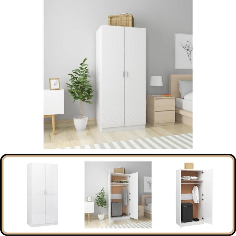 VidaXL Kledingkast Hoogglans Wit 80x52x180 cm Kledingkast Garderobe Witte Kast Houten Kast Compact Meubilair