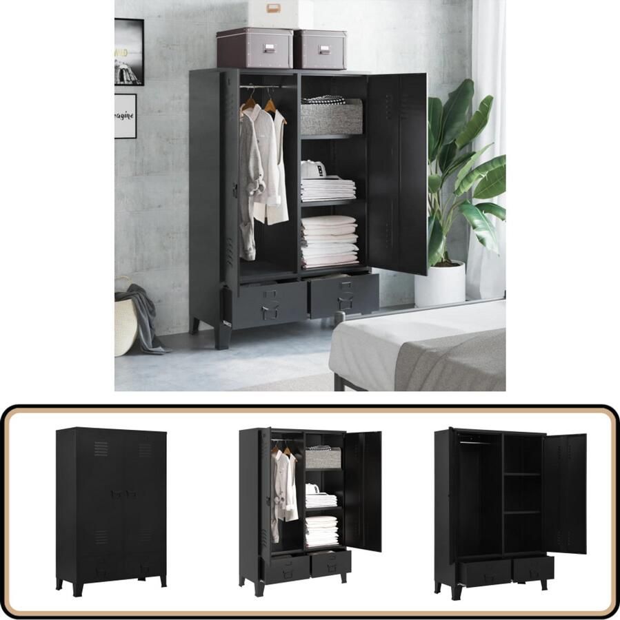 VidaXL Kledingkast Industrieel 90x40x140 cm Zwart Kledingkast Industriële Stijl Metalen Kledingkast Zwarte Kledingkast Compact Opbergkast Garderobe Slaapkamerinrichting Entreehal