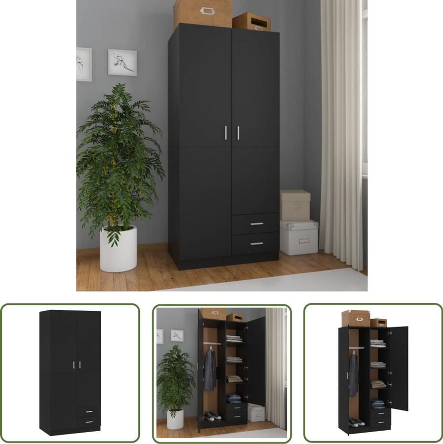 The Living Store Kledingkast Opbergkast 80 x 52 x 180 cm Bewerkt hout Zwart Stevig en ruimtebesparend met 2 deuren en 2 lades