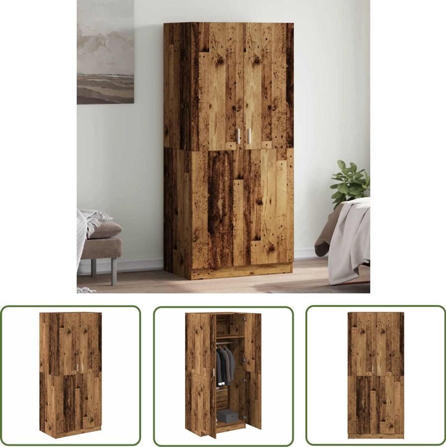 The Living Store Kledingkast 90x52x200 cm bewerkt hout oud houtkleurig Kasten Kledingkast Opslag Vintage Industrieel
