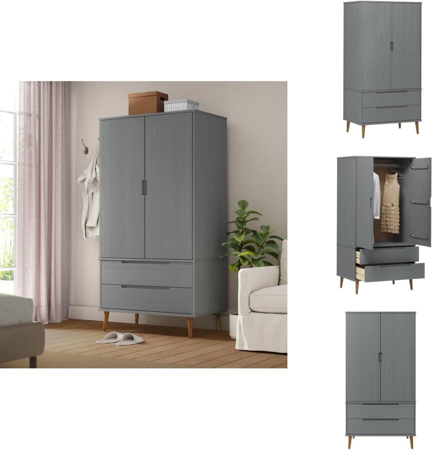 VidaXL Kledingkast Kledingkasten Garderobekast Slaapkamerkast Kledingkast MOLDE 90x55x175 cm massief grenenhout grijs