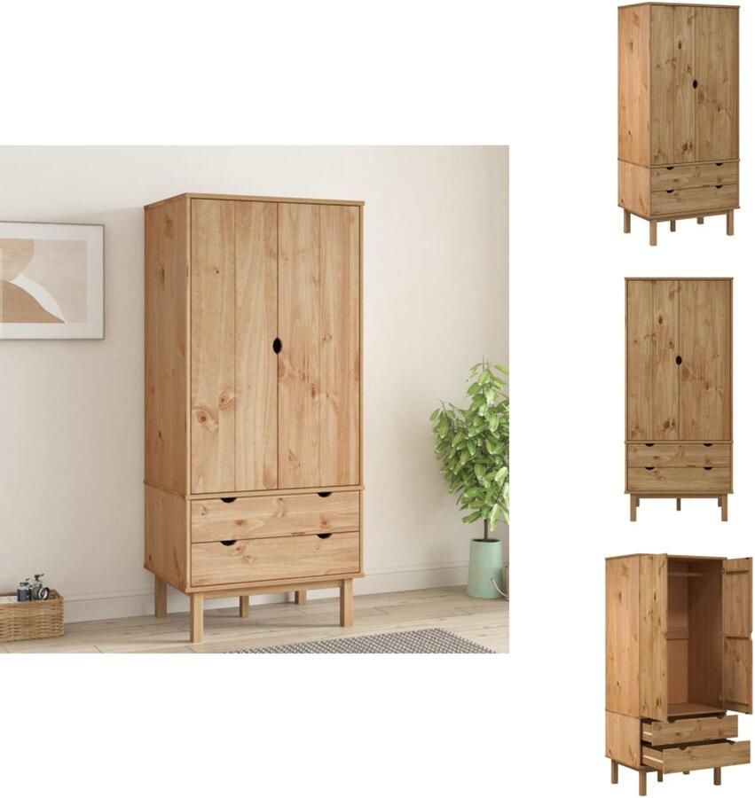 The Living Store Kledingkast OTTA Massief grenenhout 76.5 x 53 x 172 cm 2 lades 1 groot vak Kledingkast Grenenhouten Kast Scandinavische Kast Opbergkast Slaapkamer Meubel - Foto 2