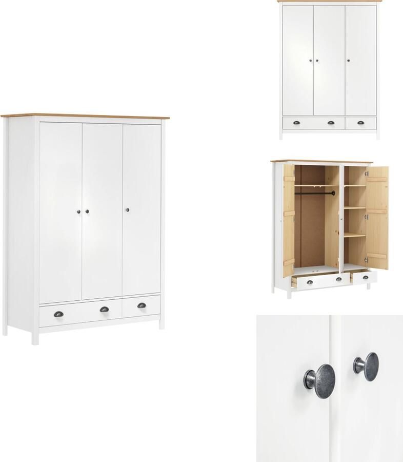 VidaXL Kledingkast Kledingkasten Klerenkast Garderobekast Kledingkast Hill 3 deuren 127x50x170 cm massief grenenhout wit - Foto 2