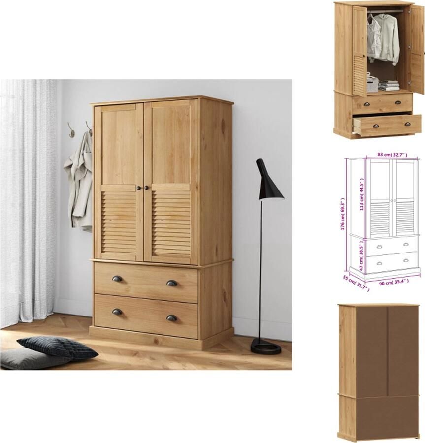 VidaXL Kledingkast Kledingkasten Opbergkast Kast Kledingkast VIGO 90x55x176 cm massief grenenhout