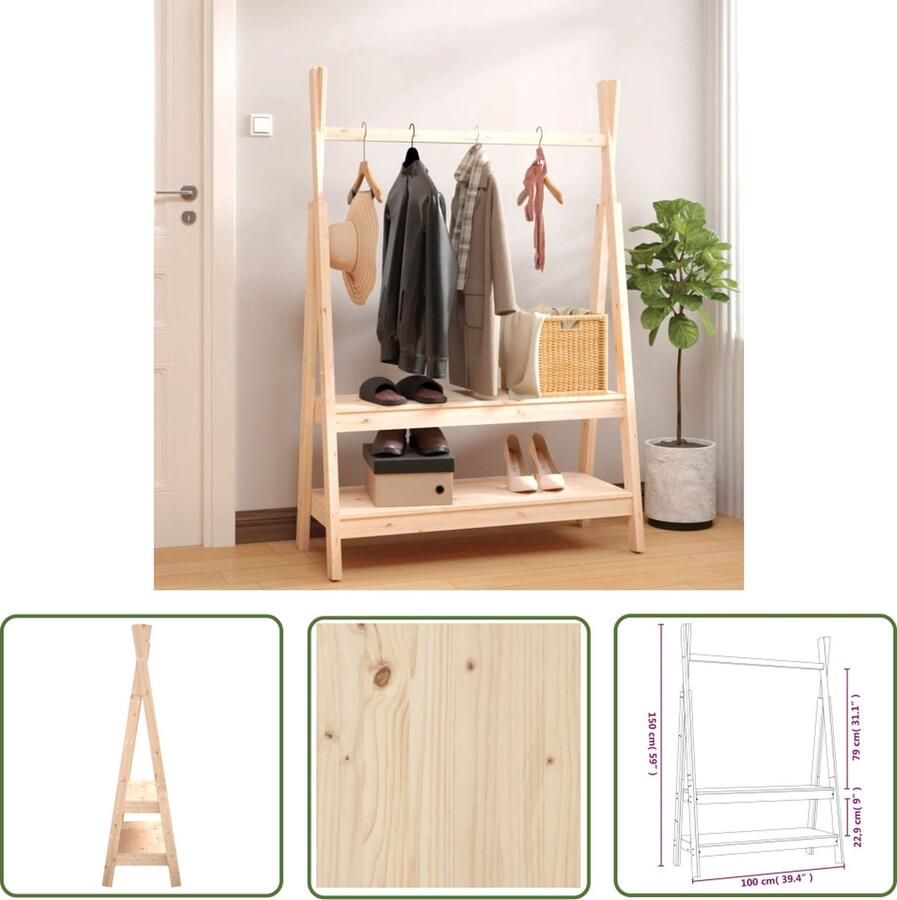 The Living Store Kledingrek Massief Grenenhout 100x45.5x150cm Ruime Opbergmogelijkheden Kledingrek Kledingkast Grenoblehouten Kledingrek Vintage Kledingrek Kapstok