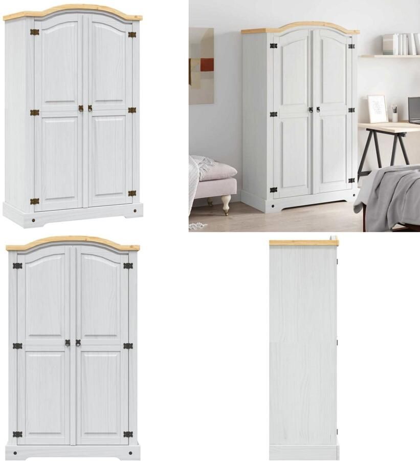 The Living Store Kledingkast Corona 101 x 52 x 170 cm Massief grenenhout wit bruin Kledingkast Corona Stijl Grenenhouten Kast Vintage Kast Slaapkamer Meubilair - Foto 4